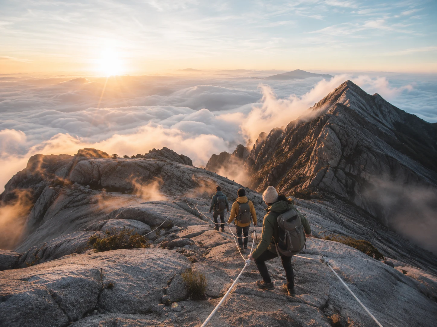 Mount Kinabalu summit preparation with hikers on a blue-sky ridge