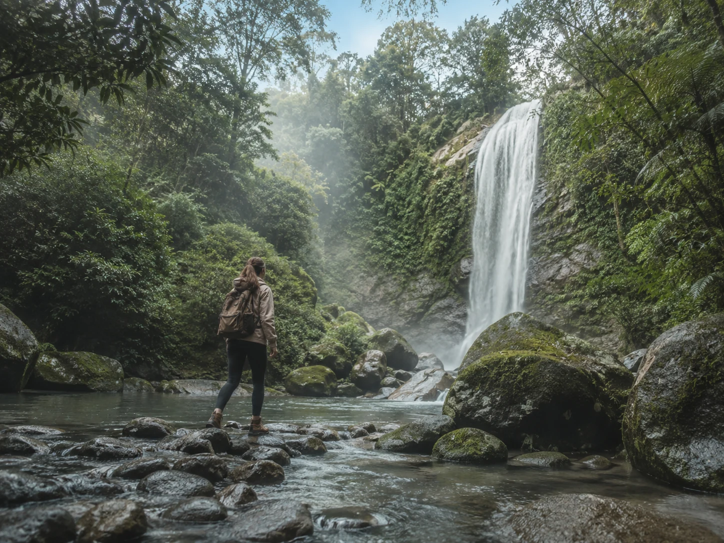 Moss-green Kinabalu cloud forest path with white mist